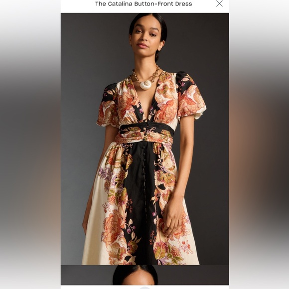 luxury the catalina button front midi dress with V neck,puff sleeves, NEW,SIZE S - Picture 3 of 9